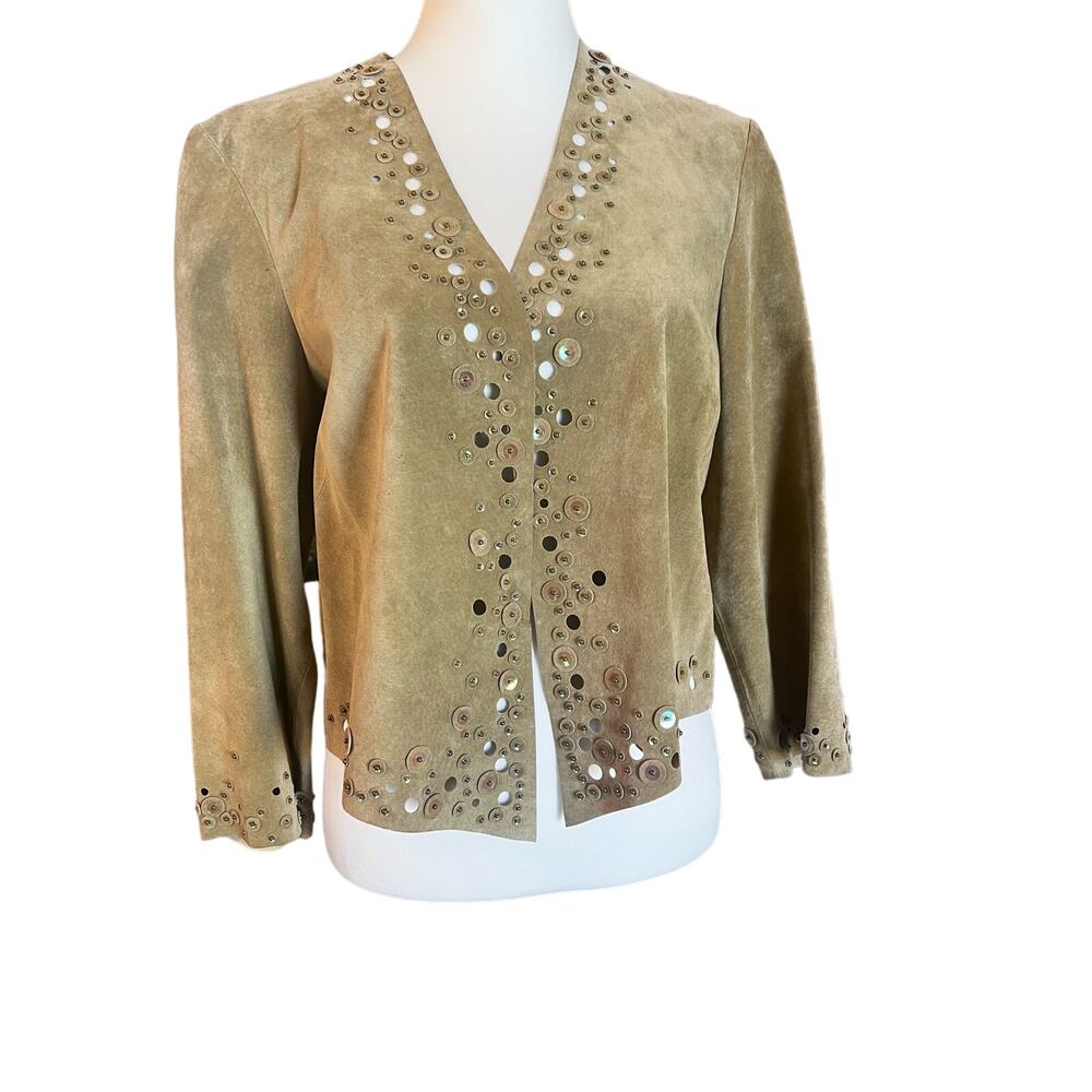 ANNE KLEIN WOMENS LARGE OLIVE GREEN 100% LEATHER EYELET STUDDED JACKET